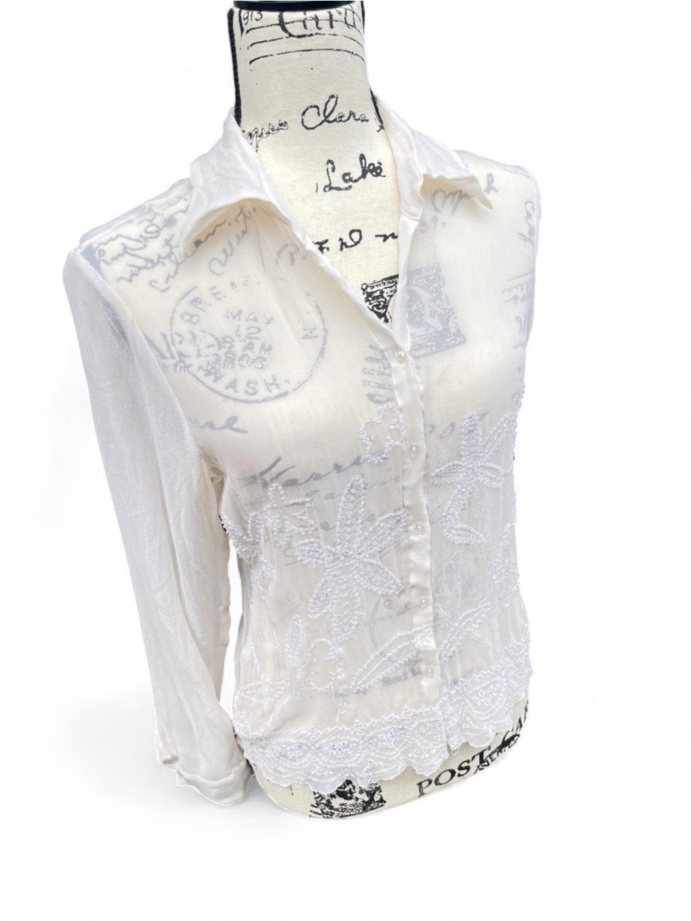 Vintage Ice White Silk Sheer Beaded Button Up Blouse